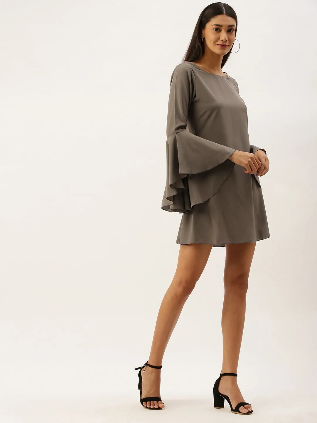 Berrylush Women Solid Grey Round Neck Bell Sleeves Crepe Straight Hem Ruffled A-Line Mini Dress