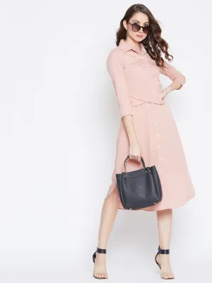 Berrylush Women Solid Pink Collared Neck Button-Up Curved Midi Shirt Dress