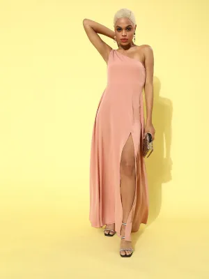 Berrylush Women Solid Pink One-Shoulder Thigh-Slit Flared Maxi Dress