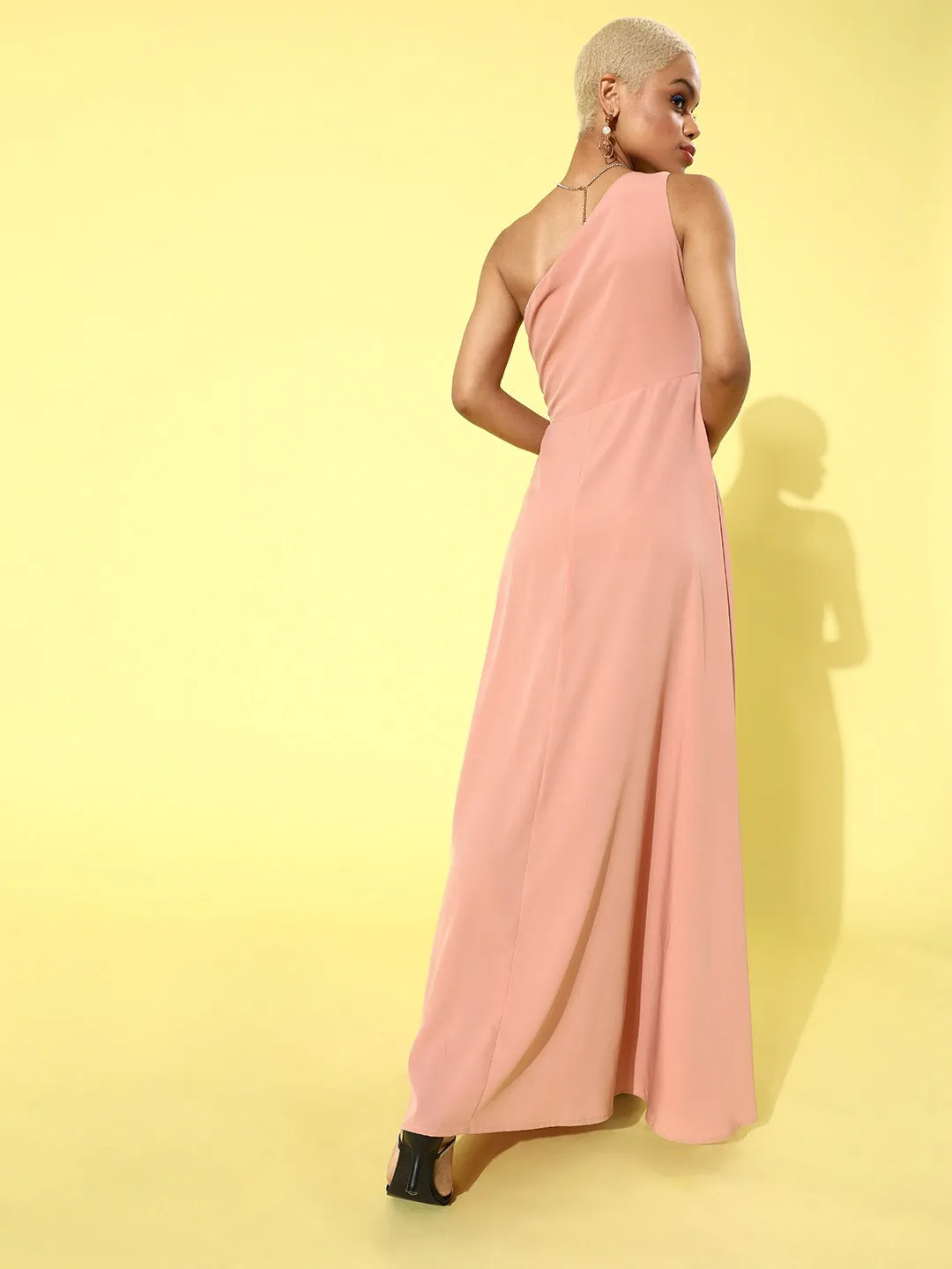 Berrylush Women Solid Pink One-Shoulder Thigh-Slit Flared Maxi Dress