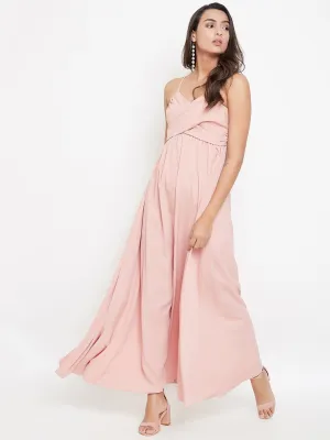 Berrylush Women Solid Pink V-Neck Sleeveless Ruched Maxi Dress