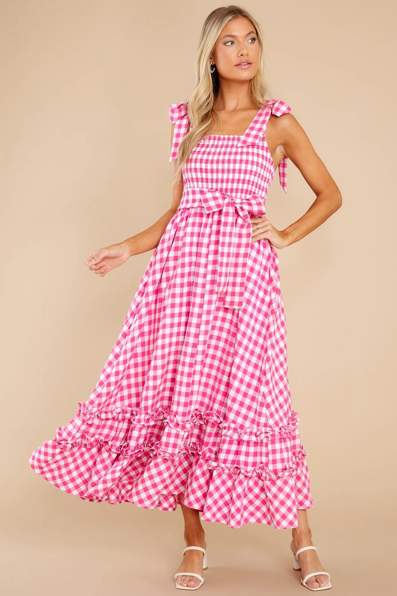 Beyond Basic Hot Pink Gingham Maxi Dress