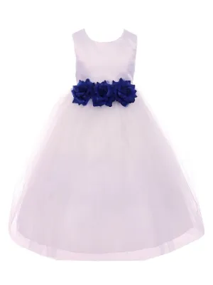 Big Girls White Navy Floral Satin Junior Bridesmaid Dress 8-14