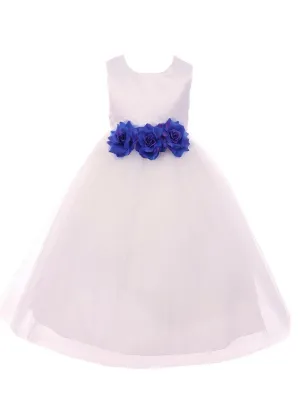 Big Girls White Royal Blue Floral Satin Junior Bridesmaid Dress 8-14