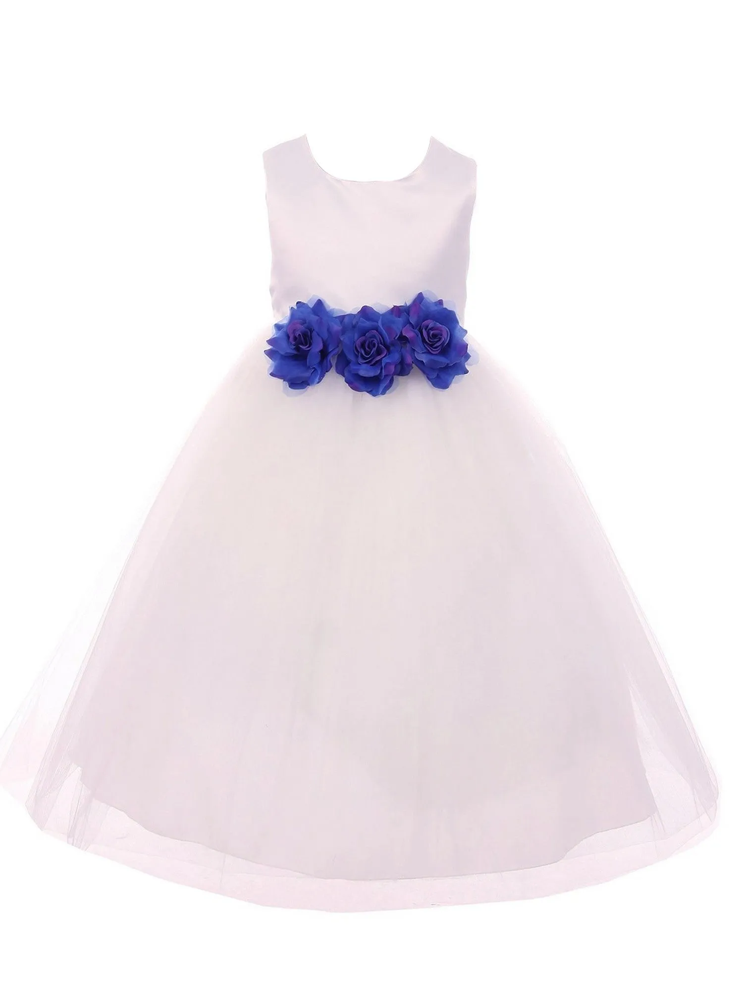 Big Girls White Royal Blue Floral Satin Junior Bridesmaid Dress 8-14