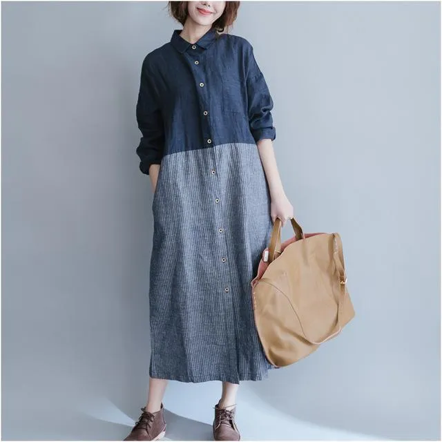 Blue and Grey A-Line Casual Dress