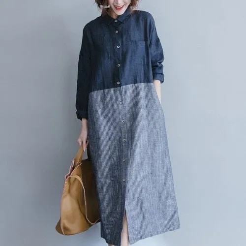 Blue and Grey A-Line Casual Dress