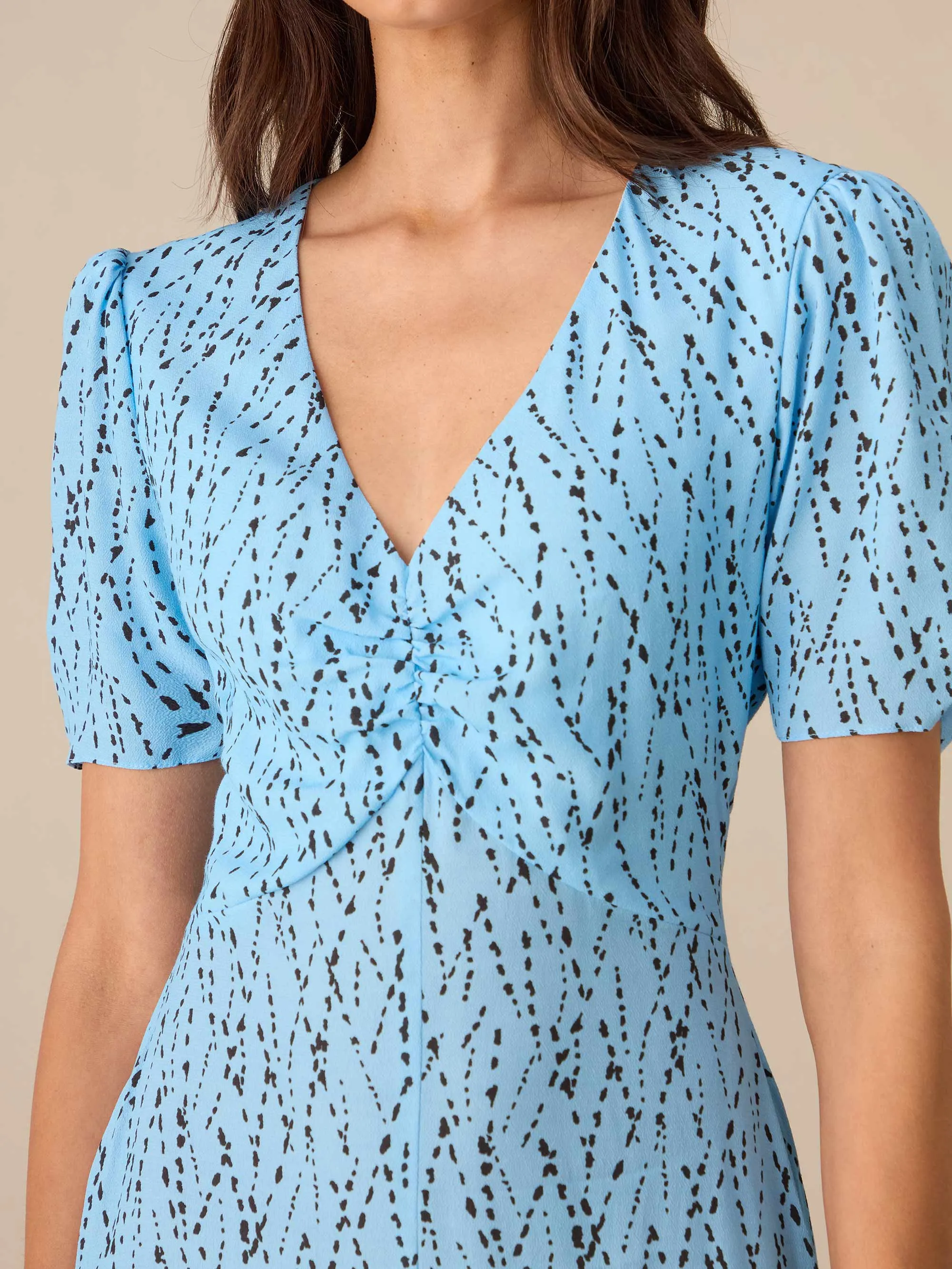 Blue Dash Print Ruched Front Midi Dress