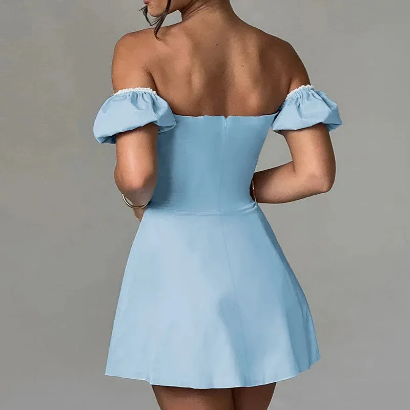 Blue Off-shoulder Puff Charming Sleeve Mini Dress