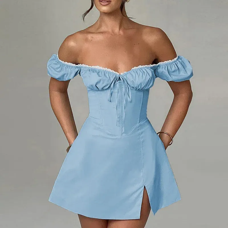 Blue Off-shoulder Puff Charming Sleeve Mini Dress