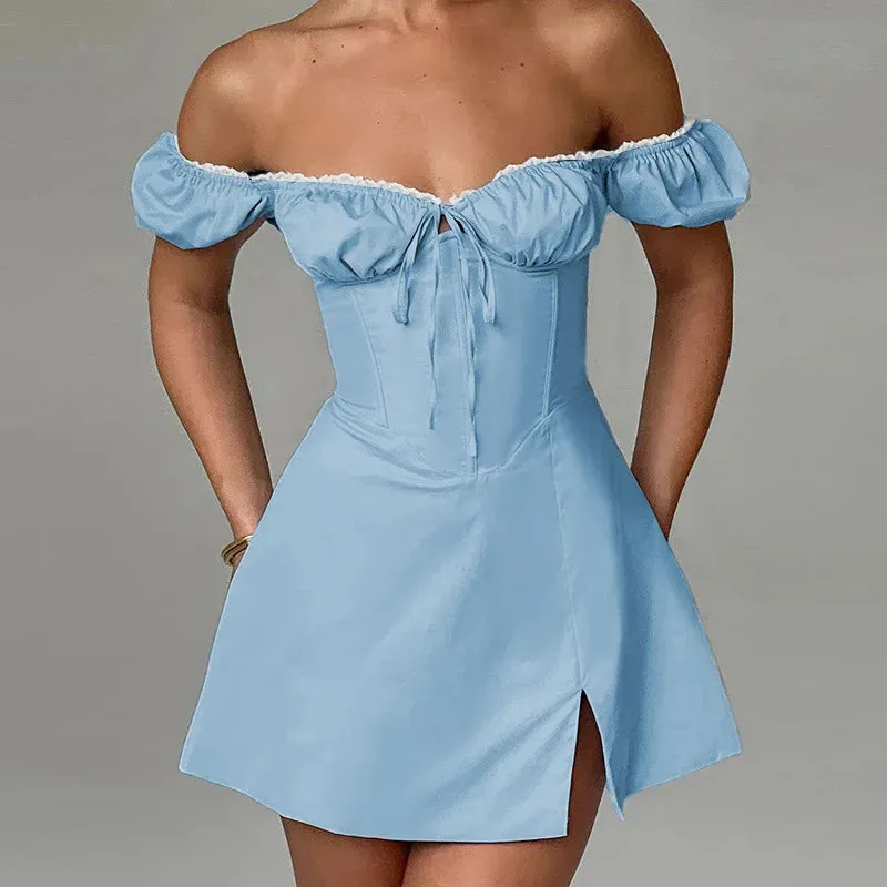 Blue Off-shoulder Puff Charming Sleeve Mini Dress