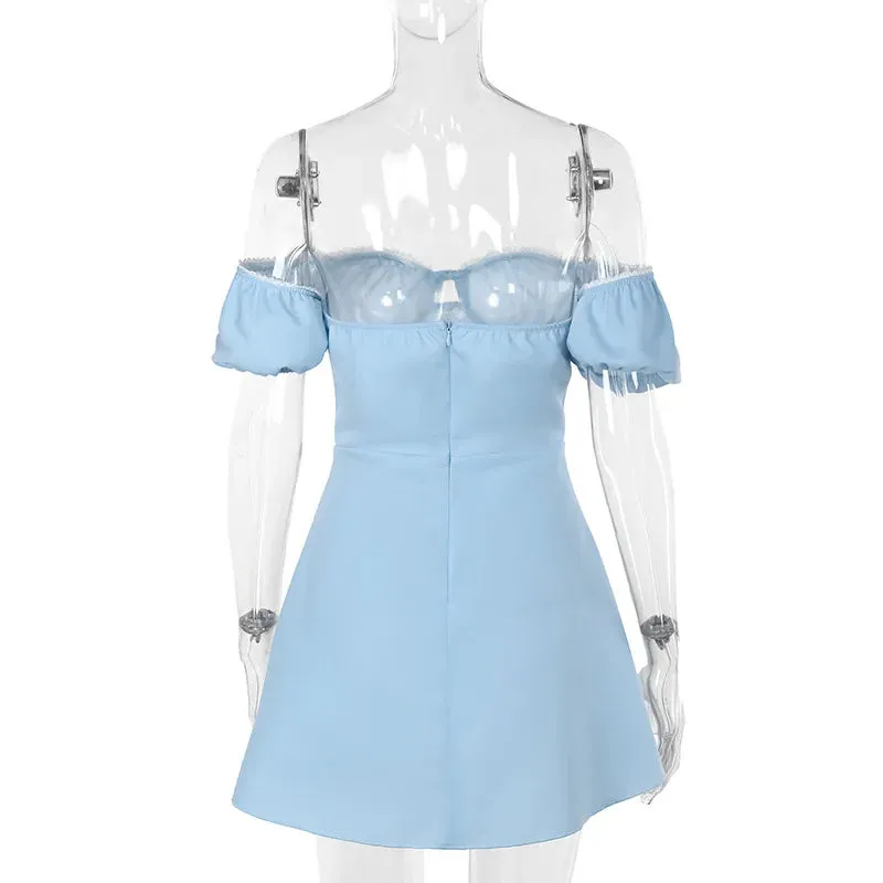 Blue Off-shoulder Puff Charming Sleeve Mini Dress