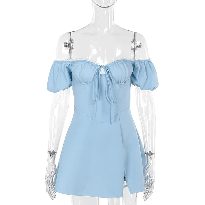 Blue Off-shoulder Puff Charming Sleeve Mini Dress