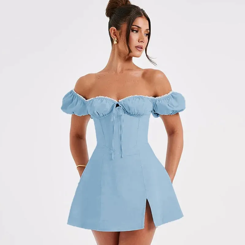 Blue Off-shoulder Puff Charming Sleeve Mini Dress