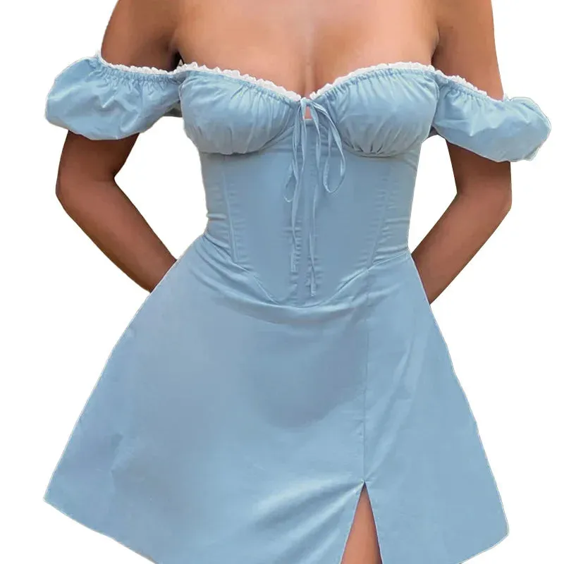 Blue Off-shoulder Puff Charming Sleeve Mini Dress