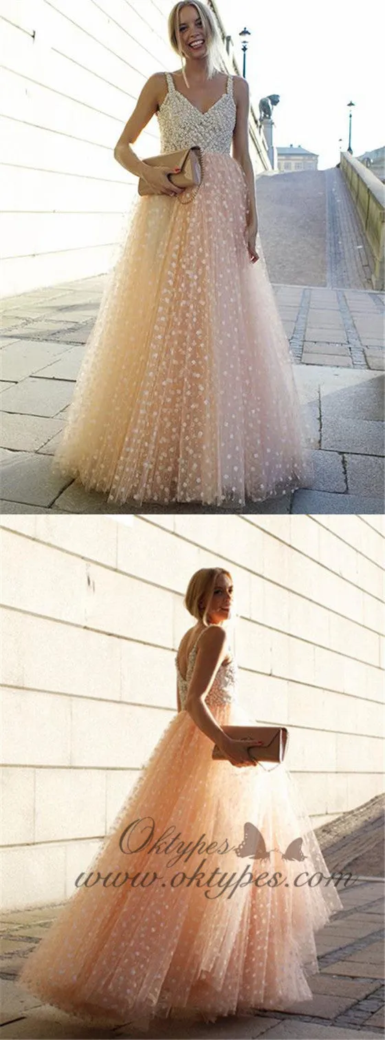 Blush Pink Charming A-line Spaghetti Strap V-neck Tulle Long Prom Dresses Gown, TYP1456