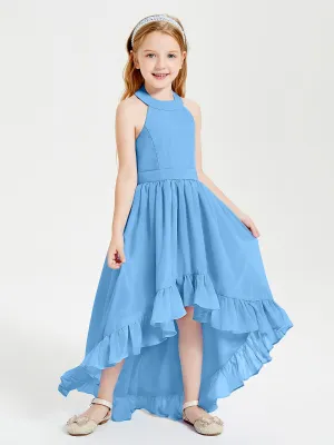 Boho Junior Bridesmaid Dresses Asymmetrical Cascading Skirt Blue