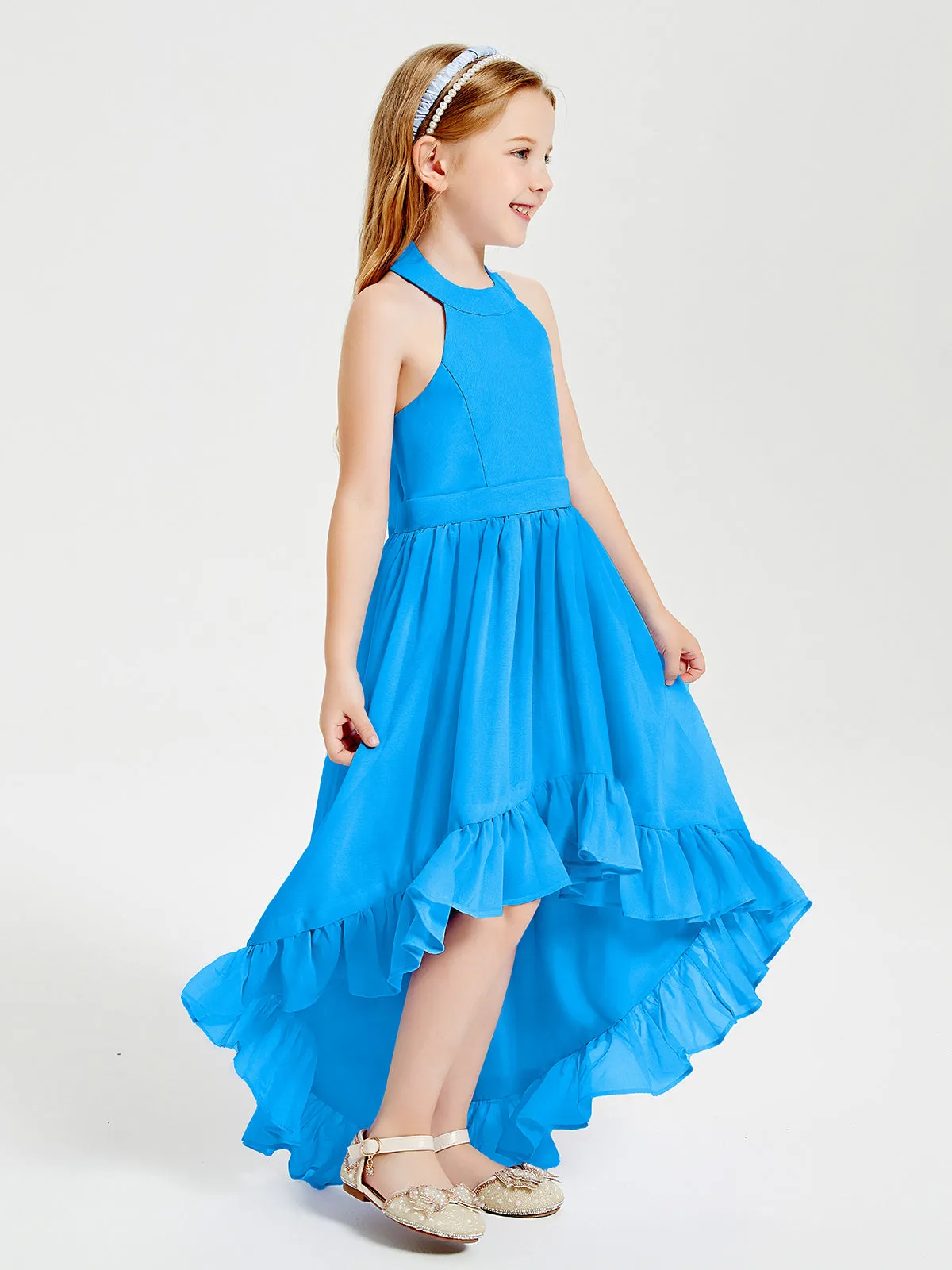 Boho Junior Bridesmaid Dresses Asymmetrical Cascading Skirt Ocean Blue