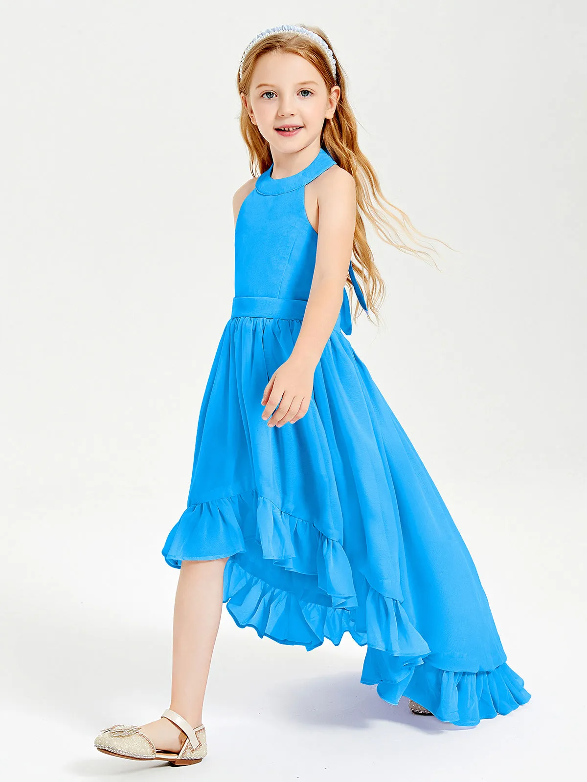 Boho Junior Bridesmaid Dresses Asymmetrical Cascading Skirt Ocean Blue