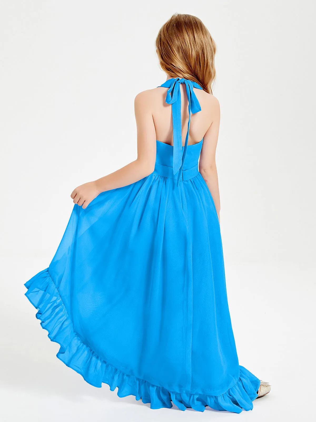 Boho Junior Bridesmaid Dresses Asymmetrical Cascading Skirt Ocean Blue