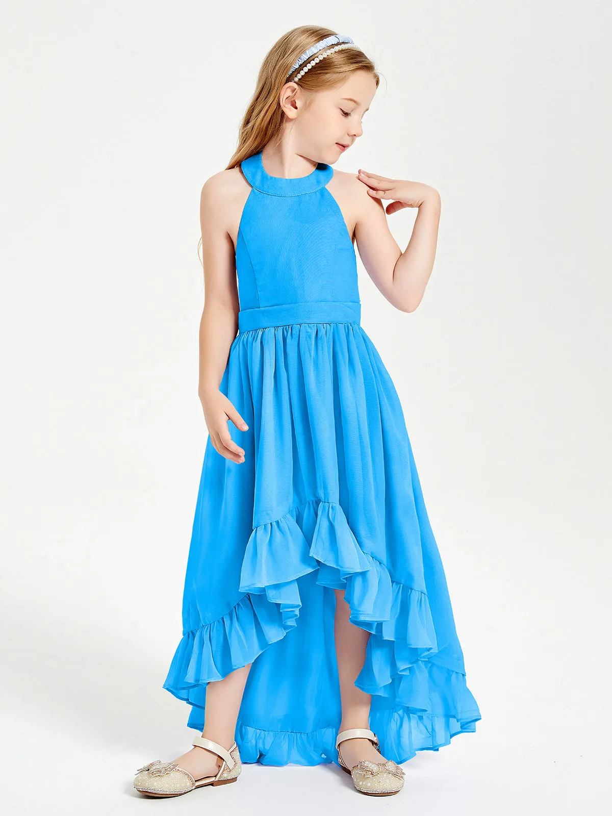 Boho Junior Bridesmaid Dresses Asymmetrical Cascading Skirt Ocean Blue