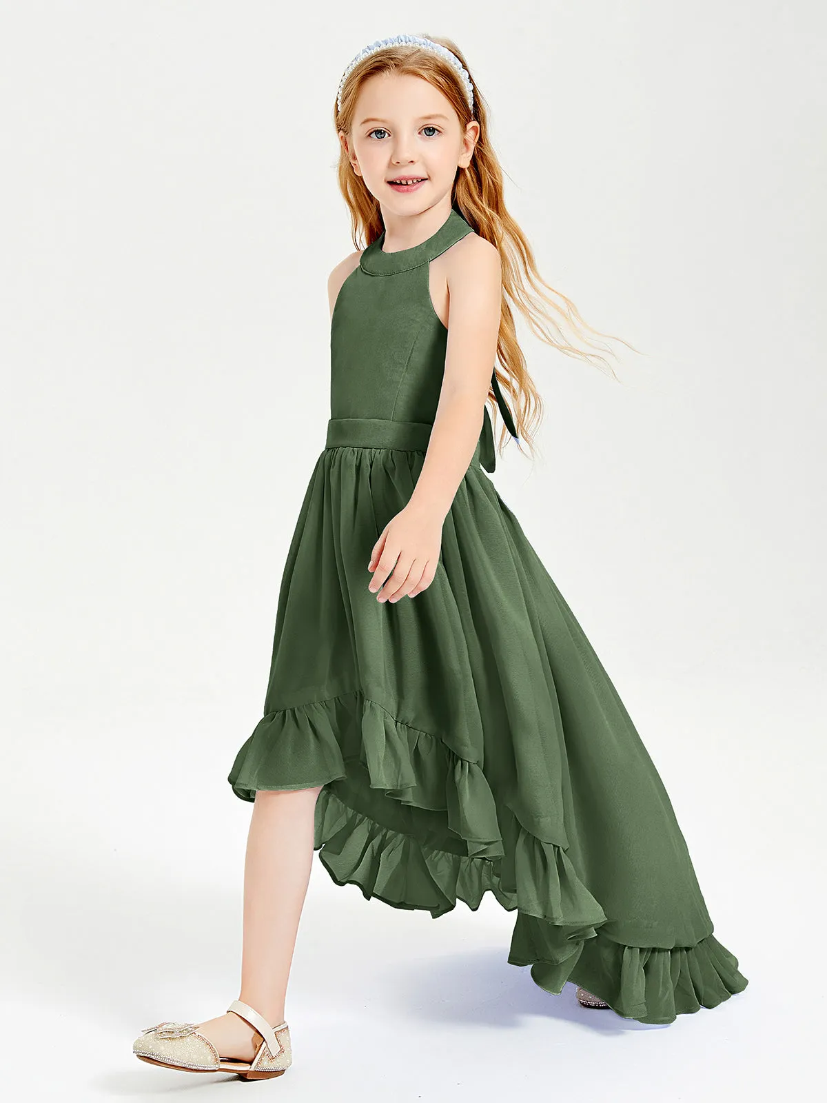 Boho Junior Bridesmaid Dresses Asymmetrical Cascading Skirt Olive Green