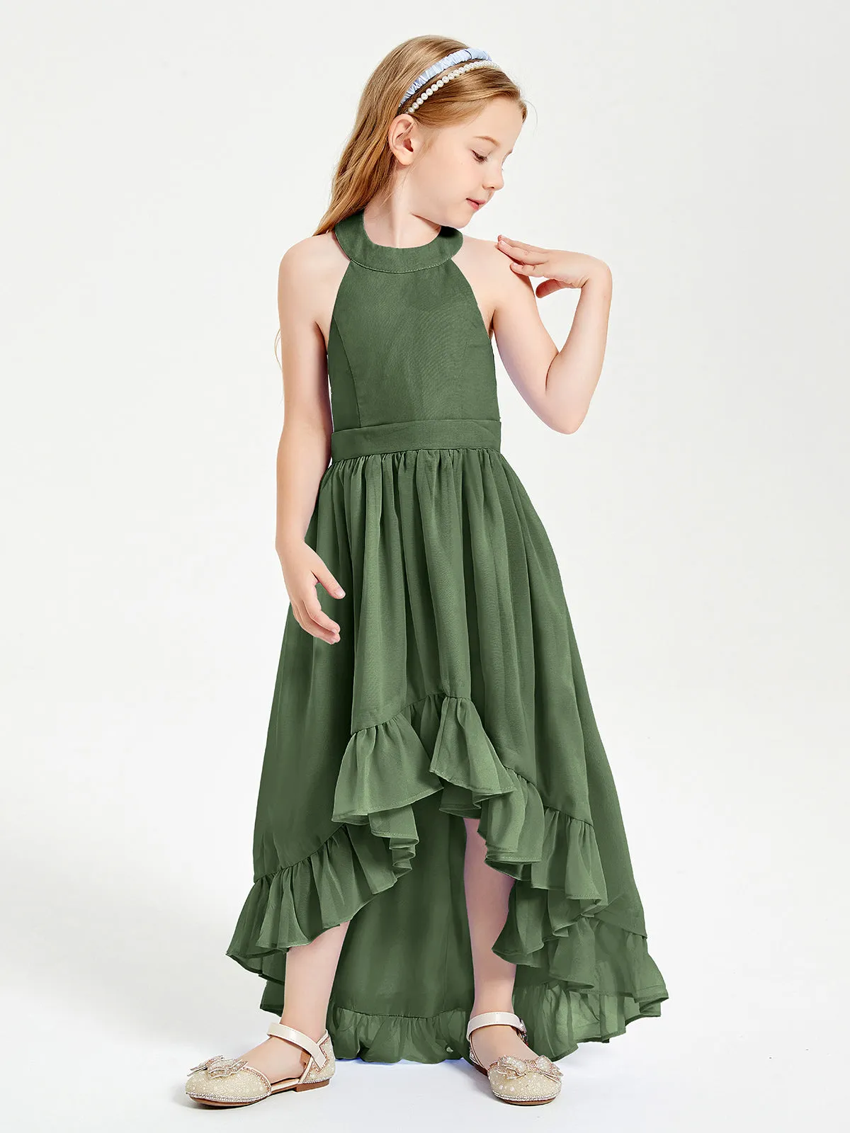 Boho Junior Bridesmaid Dresses Asymmetrical Cascading Skirt Olive Green