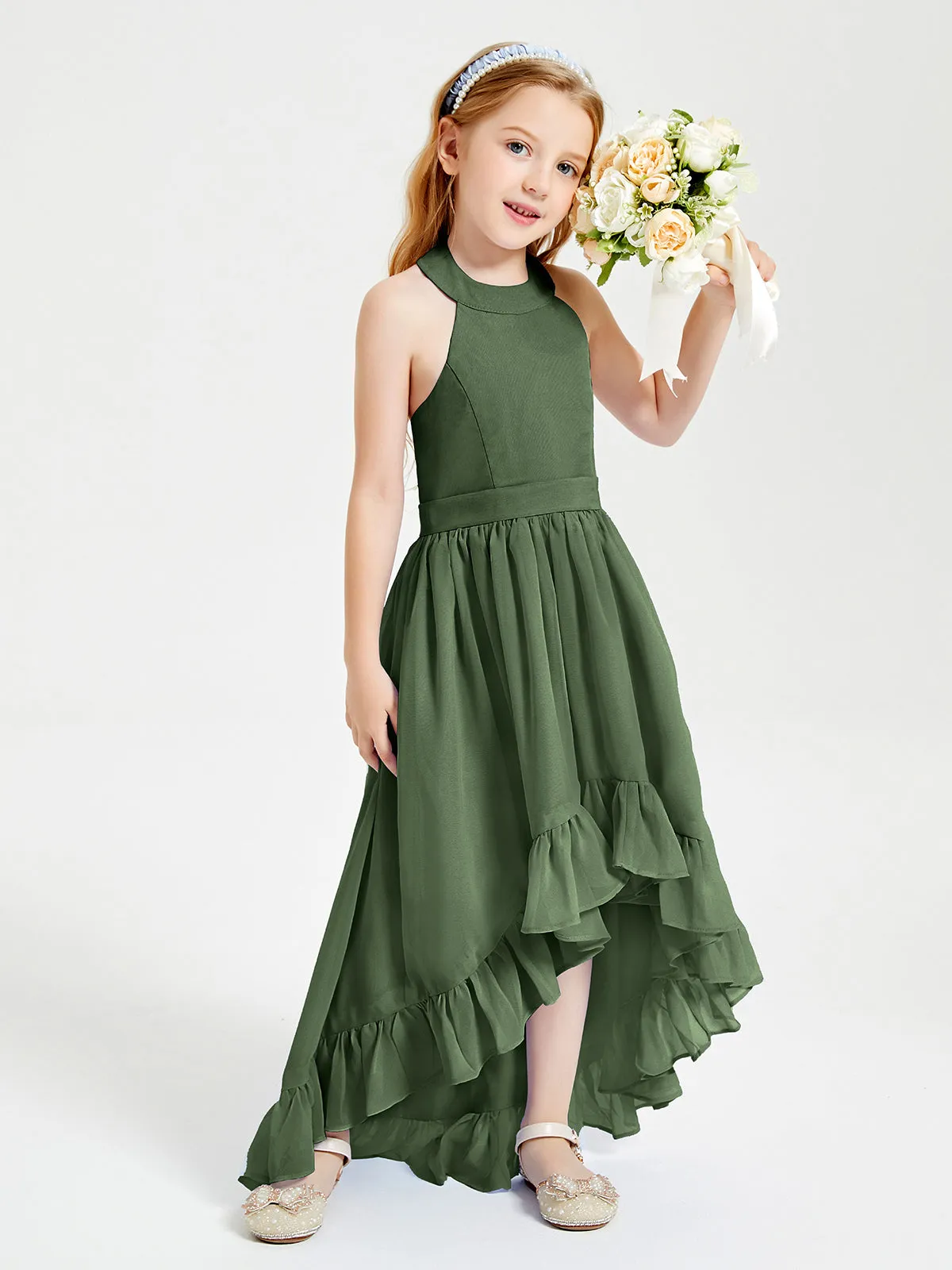 Boho Junior Bridesmaid Dresses Asymmetrical Cascading Skirt Olive Green