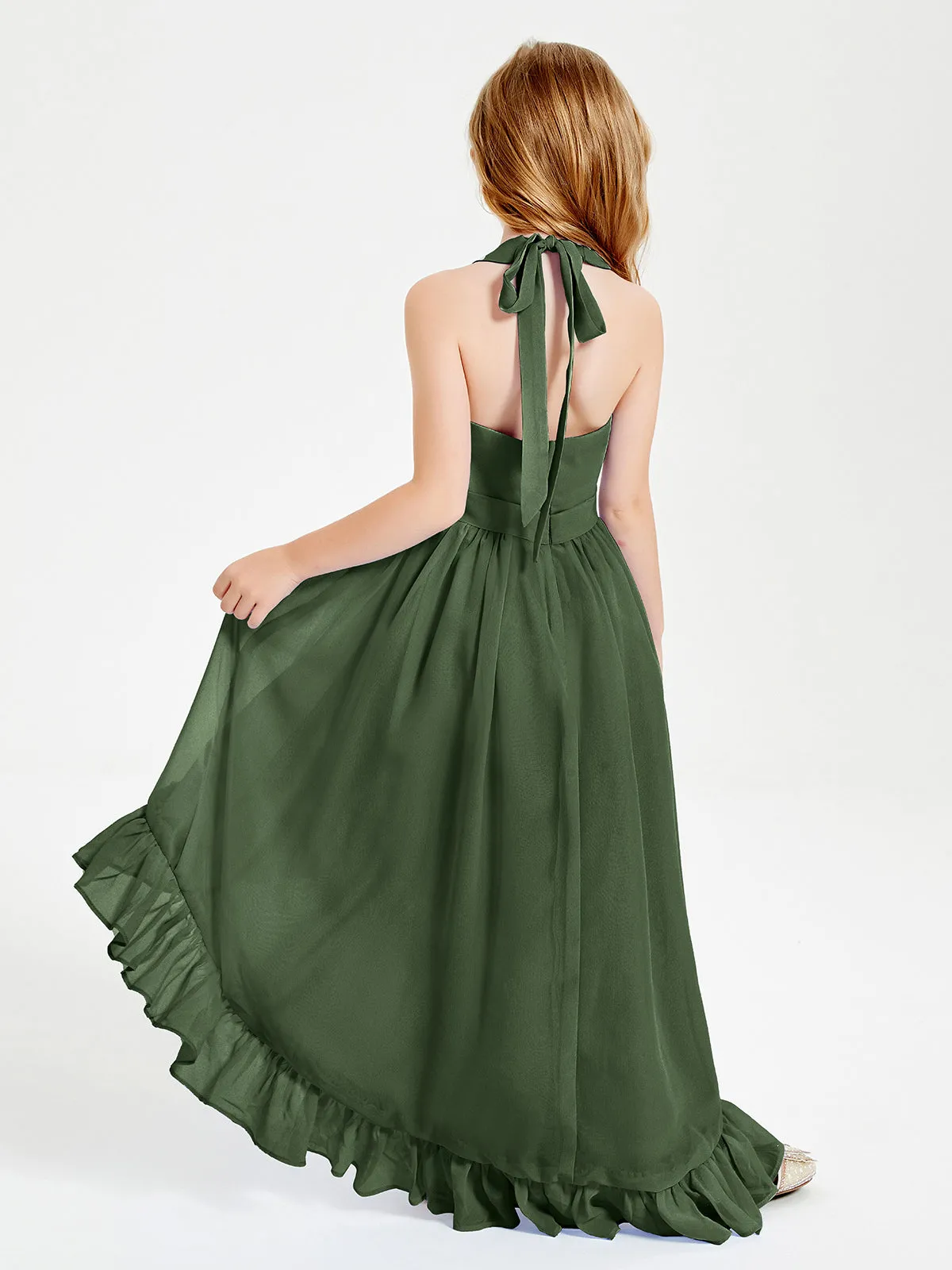 Boho Junior Bridesmaid Dresses Asymmetrical Cascading Skirt Olive Green