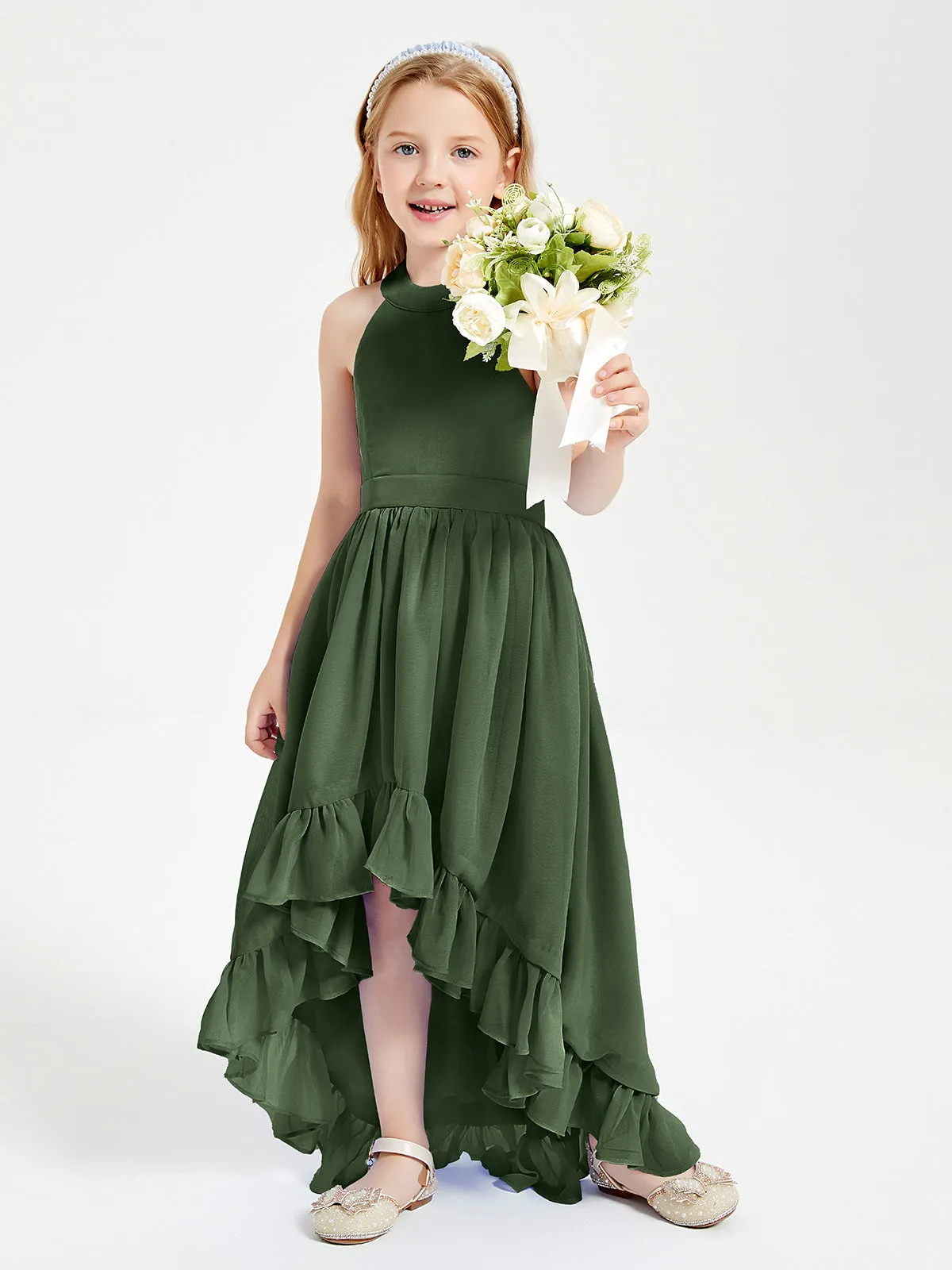 Boho Junior Bridesmaid Dresses Asymmetrical Cascading Skirt Olive Green