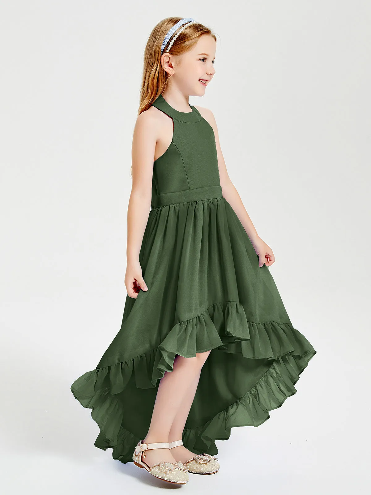 Boho Junior Bridesmaid Dresses Asymmetrical Cascading Skirt Olive Green