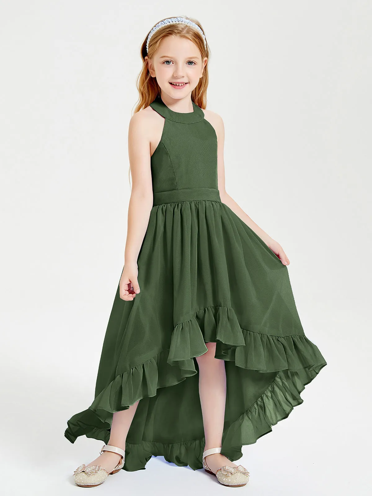 Boho Junior Bridesmaid Dresses Asymmetrical Cascading Skirt Olive Green