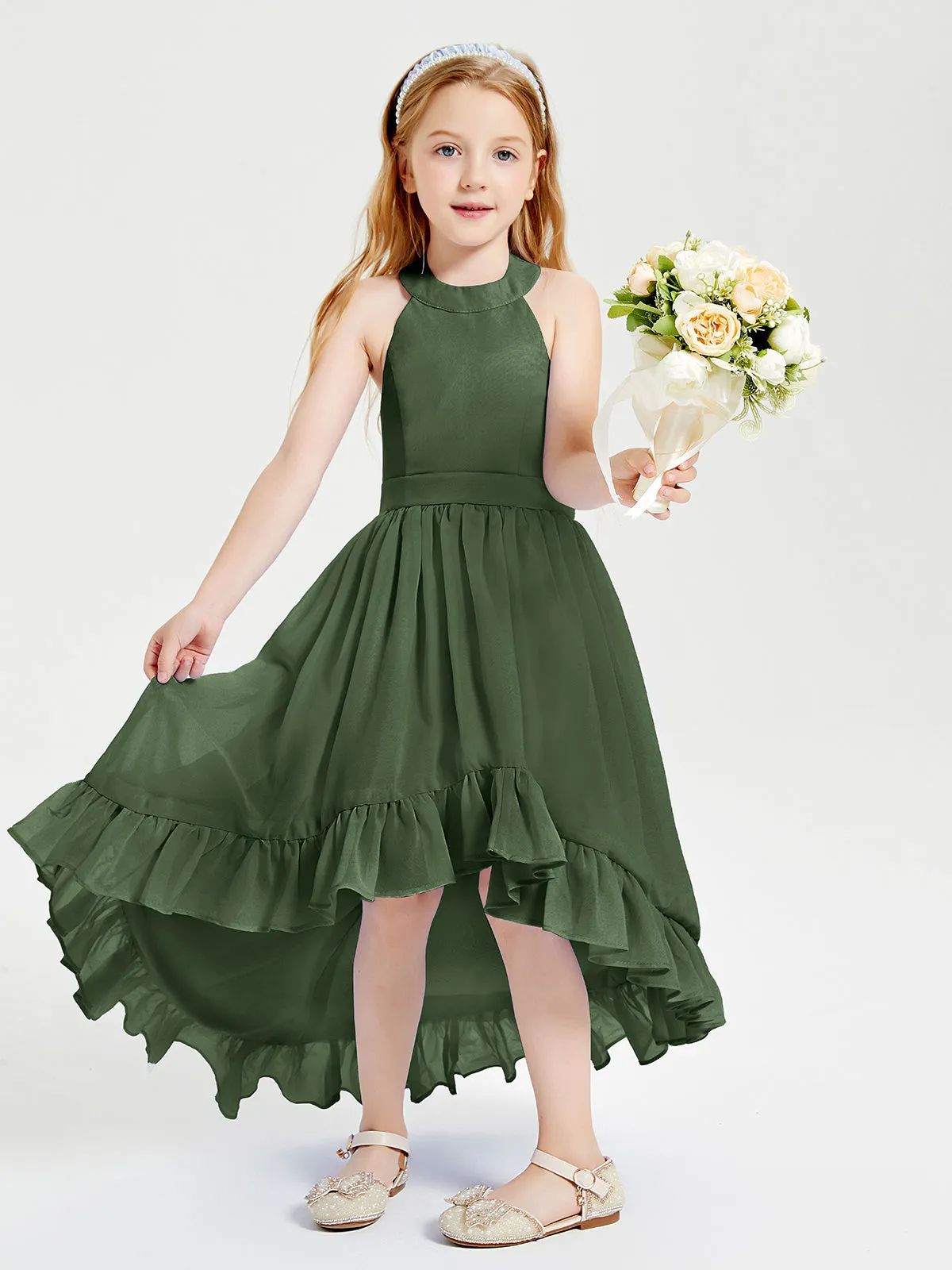 Boho Junior Bridesmaid Dresses Asymmetrical Cascading Skirt Olive Green