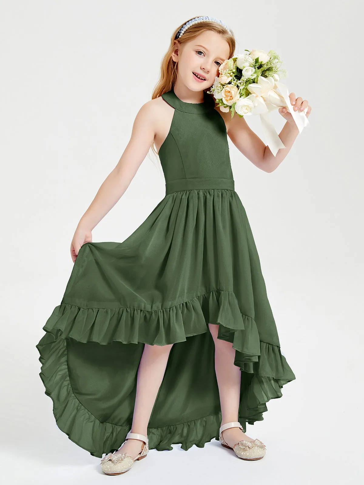 Boho Junior Bridesmaid Dresses Asymmetrical Cascading Skirt Olive Green