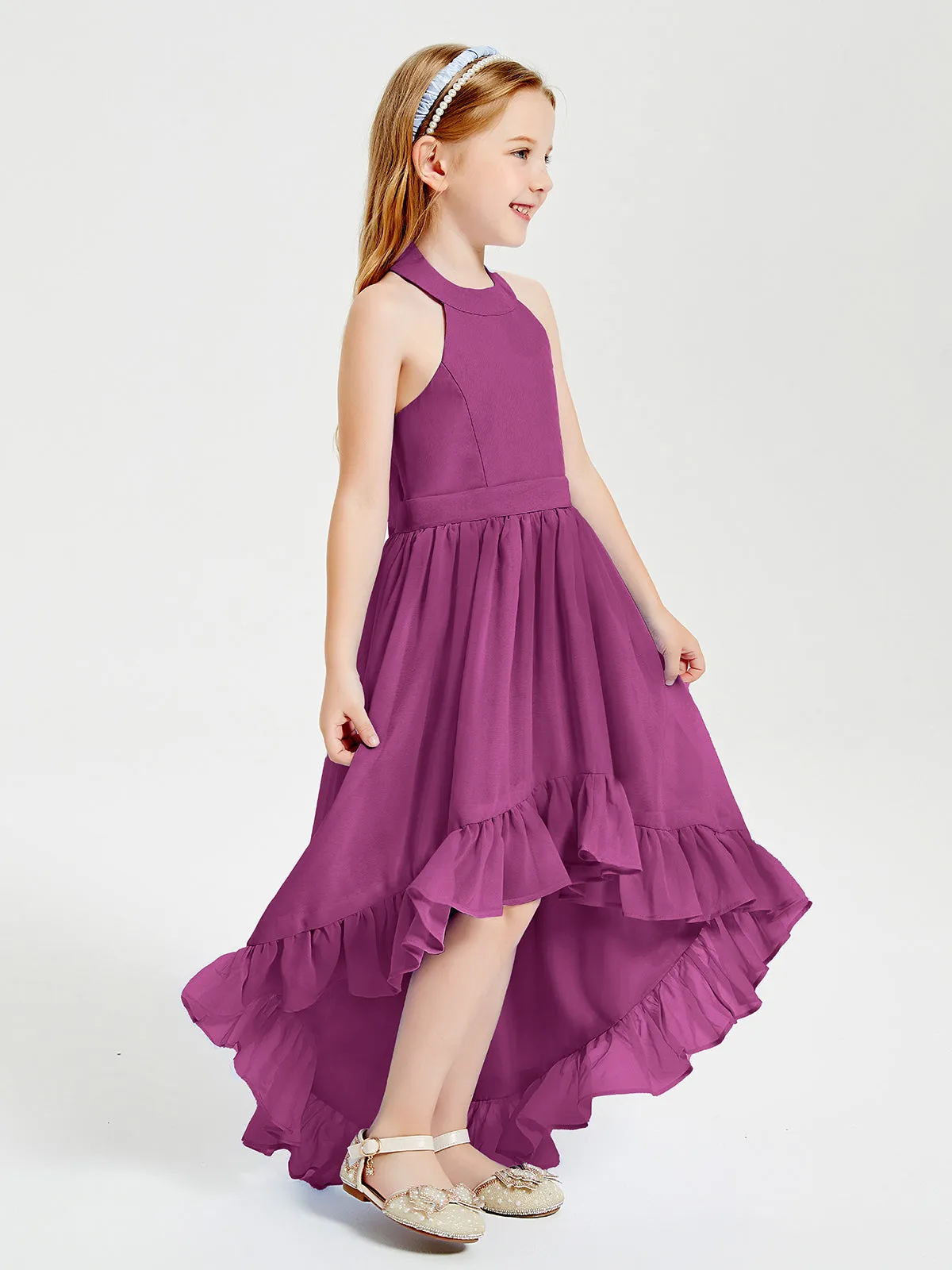 Boho Junior Bridesmaid Dresses Asymmetrical Cascading Skirt Orchid