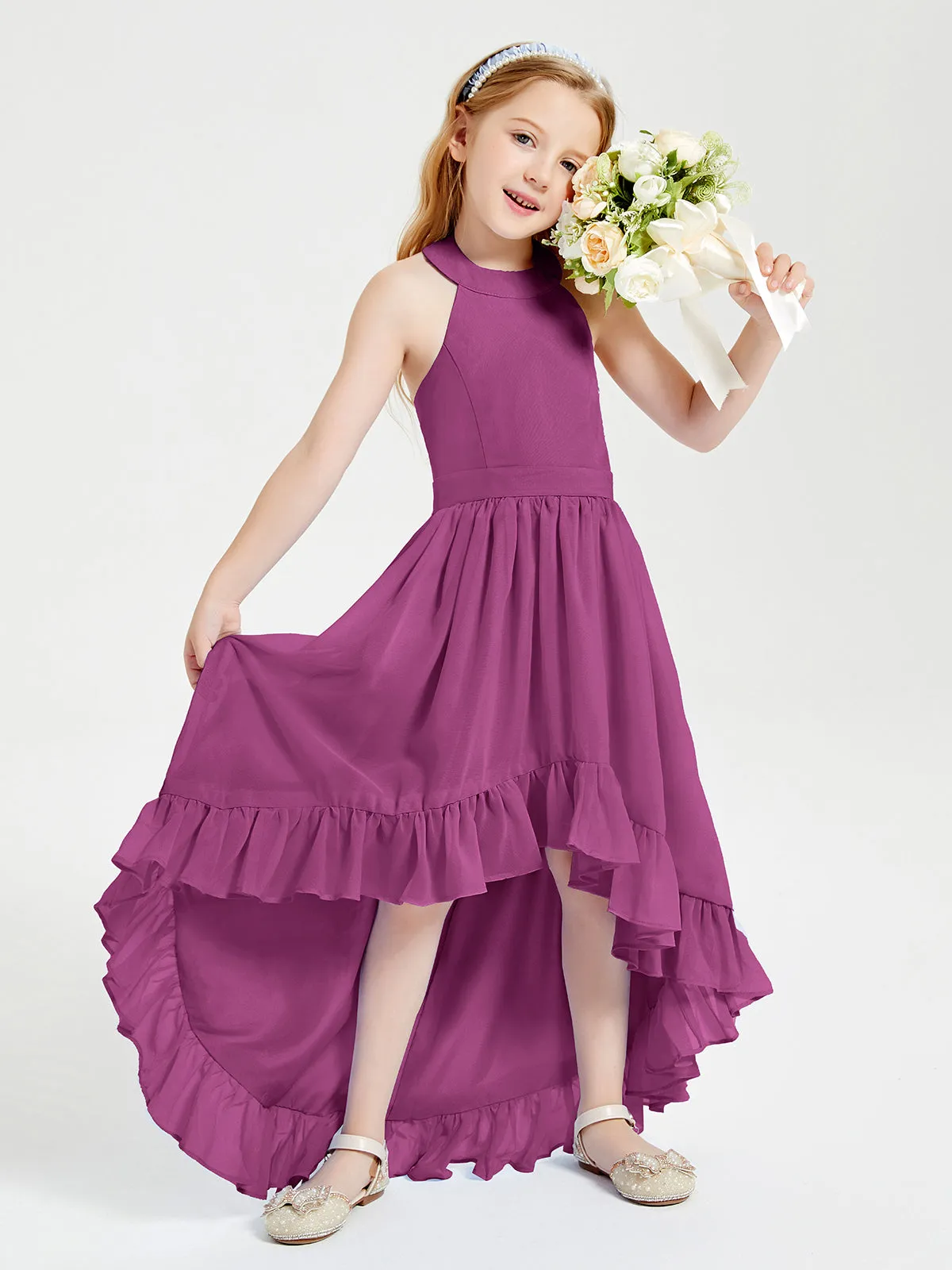 Boho Junior Bridesmaid Dresses Asymmetrical Cascading Skirt Orchid