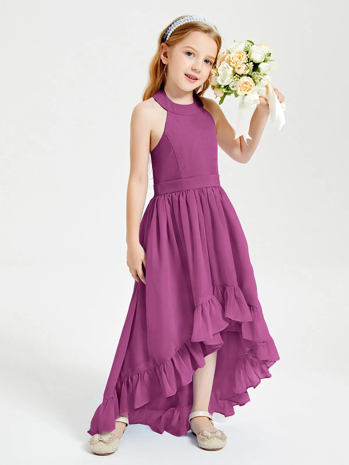 Boho Junior Bridesmaid Dresses Asymmetrical Cascading Skirt Orchid