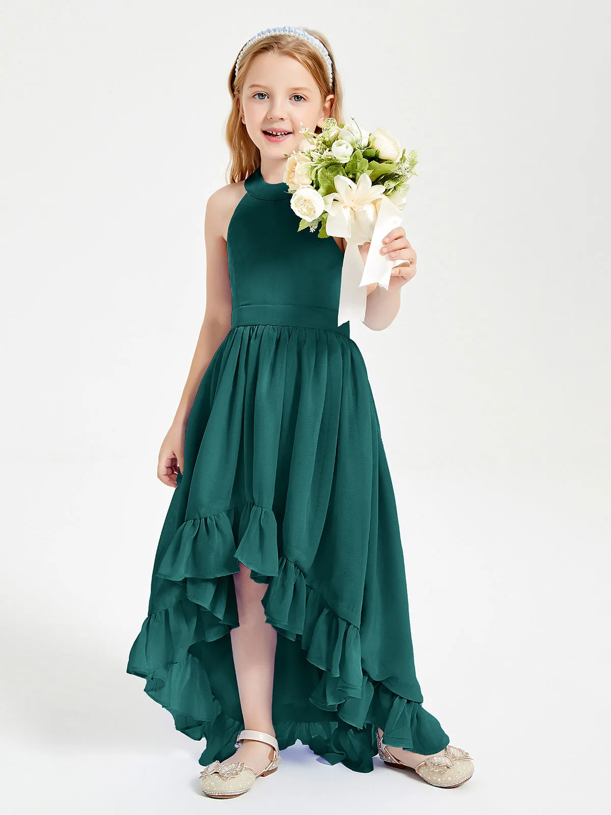 Boho Junior Bridesmaid Dresses Asymmetrical Cascading Skirt Peacock