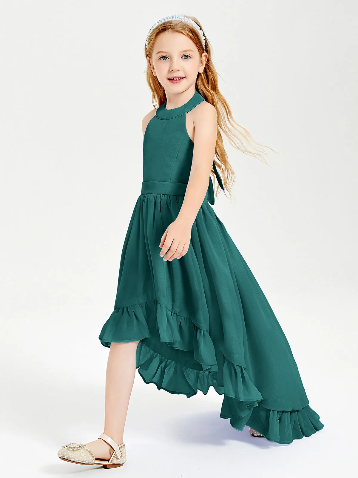 Boho Junior Bridesmaid Dresses Asymmetrical Cascading Skirt Peacock