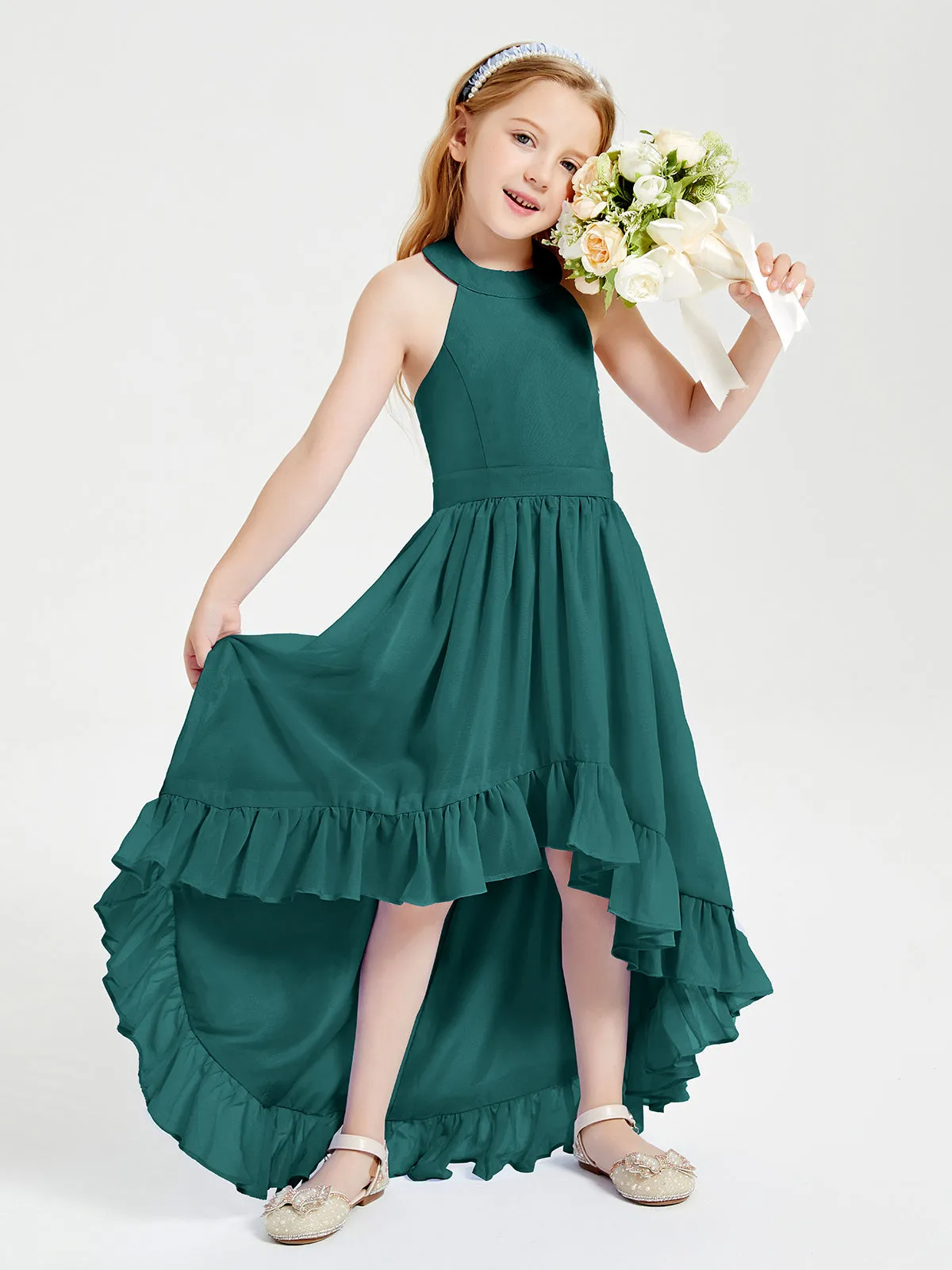 Boho Junior Bridesmaid Dresses Asymmetrical Cascading Skirt Peacock