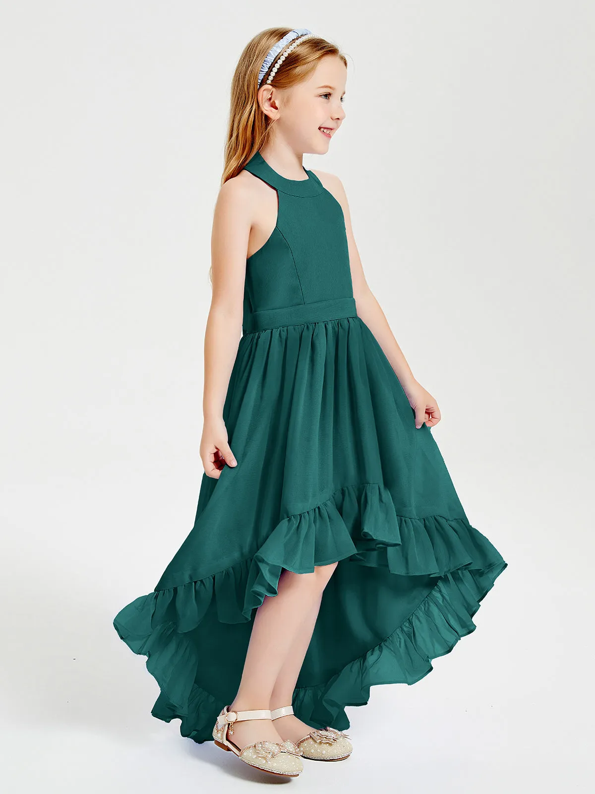 Boho Junior Bridesmaid Dresses Asymmetrical Cascading Skirt Peacock