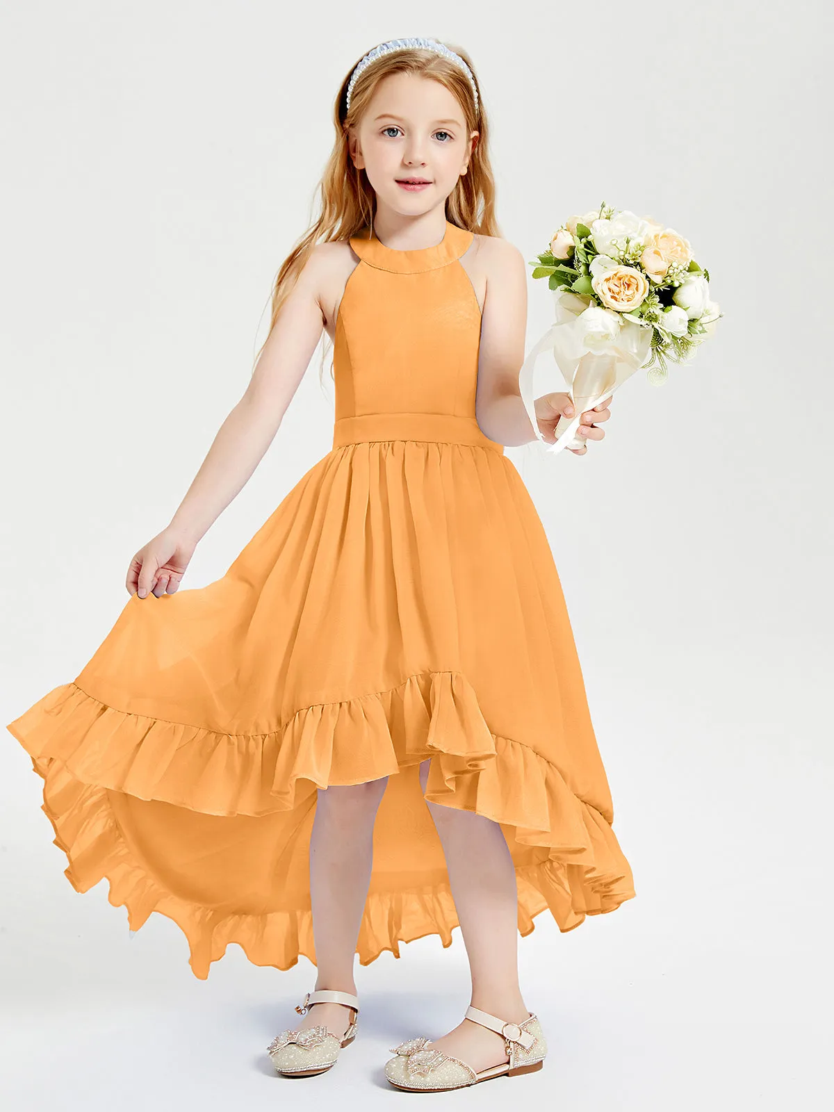 Boho Junior Bridesmaid Dresses Asymmetrical Cascading Skirt Tangerine