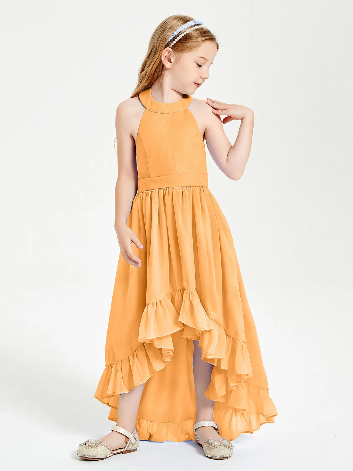 Boho Junior Bridesmaid Dresses Asymmetrical Cascading Skirt Tangerine