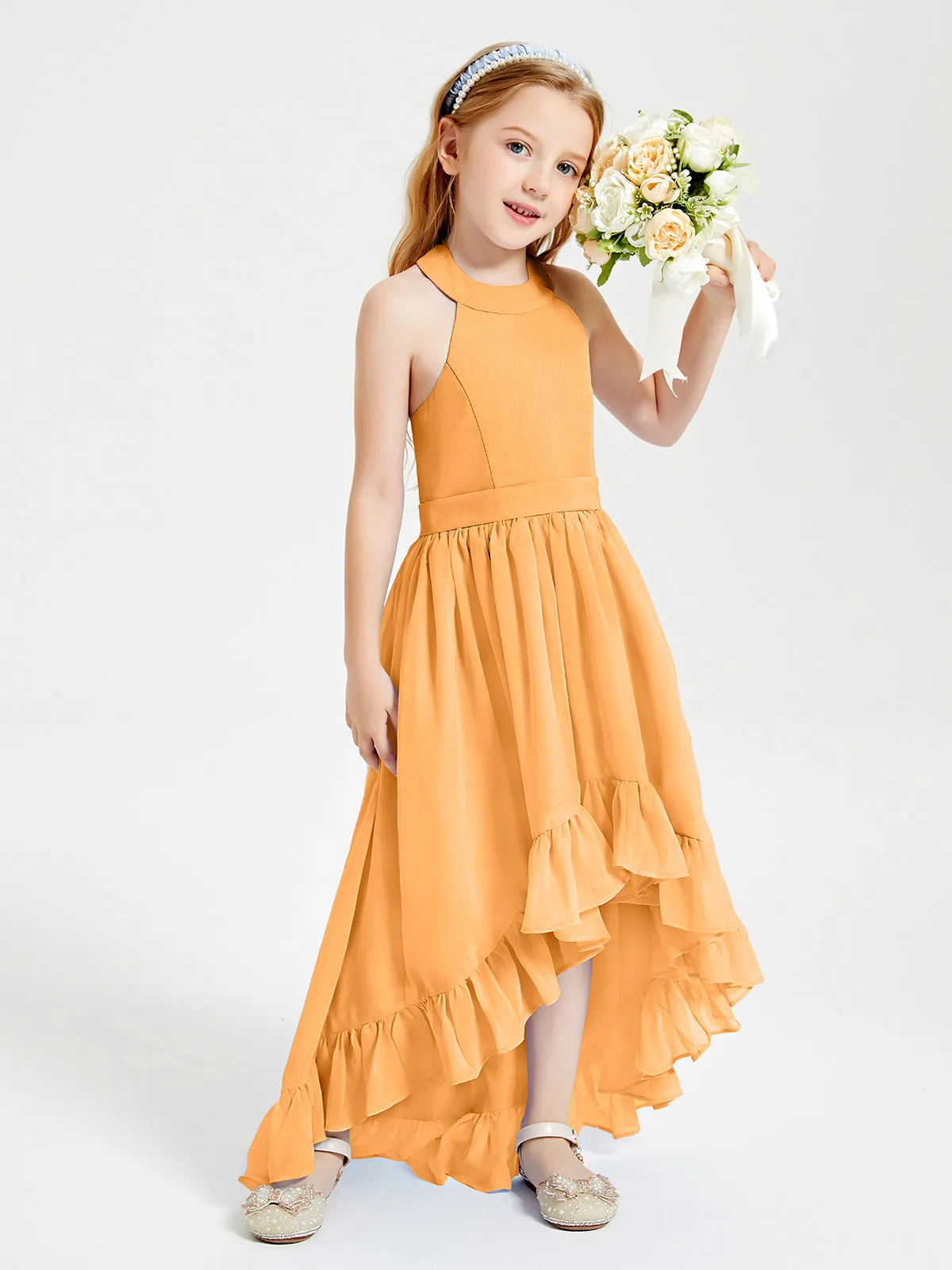 Boho Junior Bridesmaid Dresses Asymmetrical Cascading Skirt Tangerine