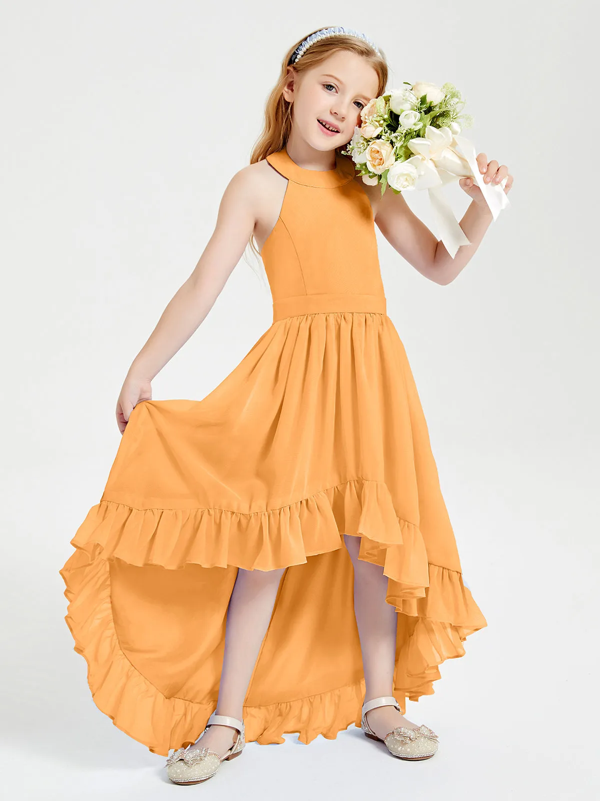 Boho Junior Bridesmaid Dresses Asymmetrical Cascading Skirt Tangerine