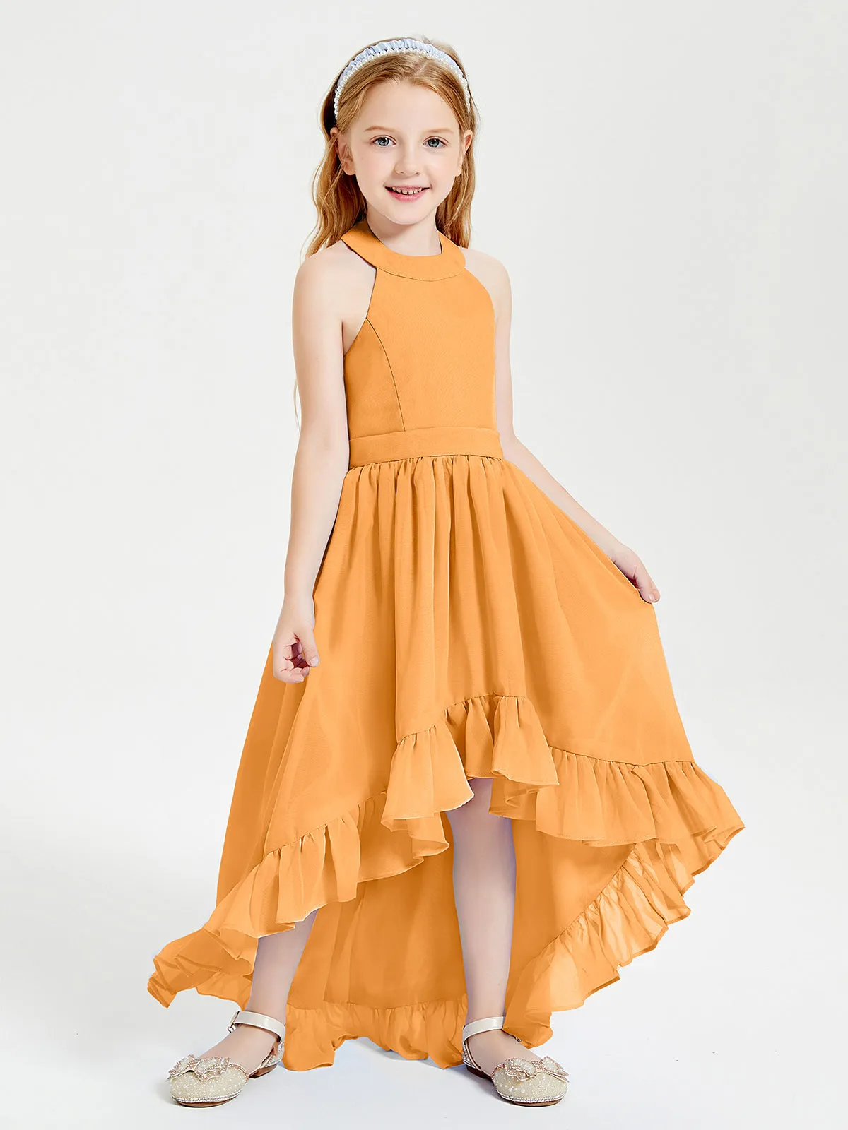 Boho Junior Bridesmaid Dresses Asymmetrical Cascading Skirt Tangerine