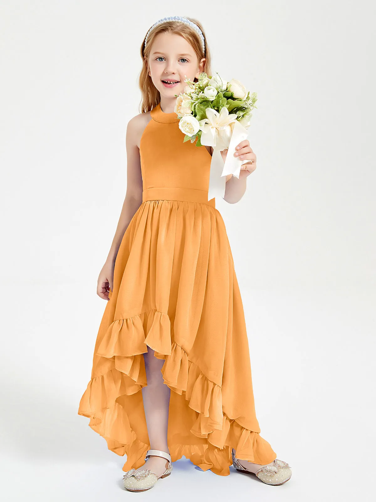 Boho Junior Bridesmaid Dresses Asymmetrical Cascading Skirt Tangerine