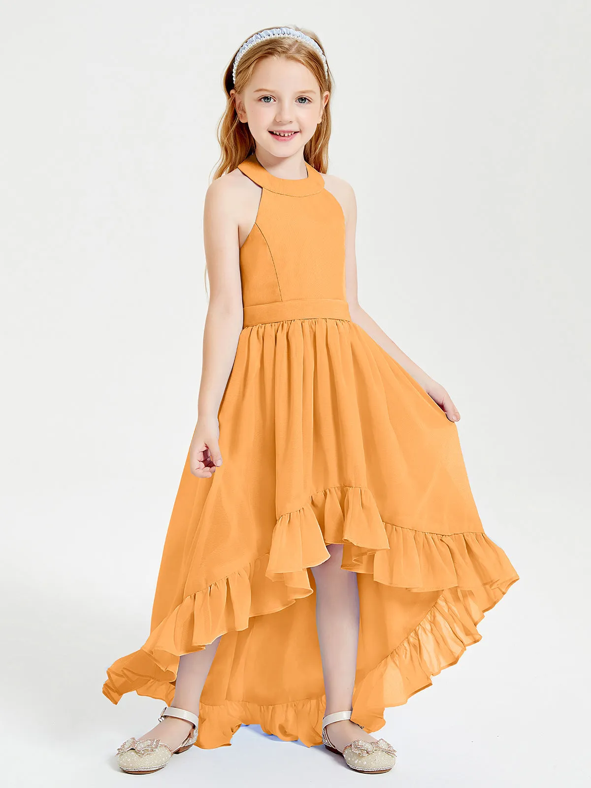 Boho Junior Bridesmaid Dresses Asymmetrical Cascading Skirt Tangerine