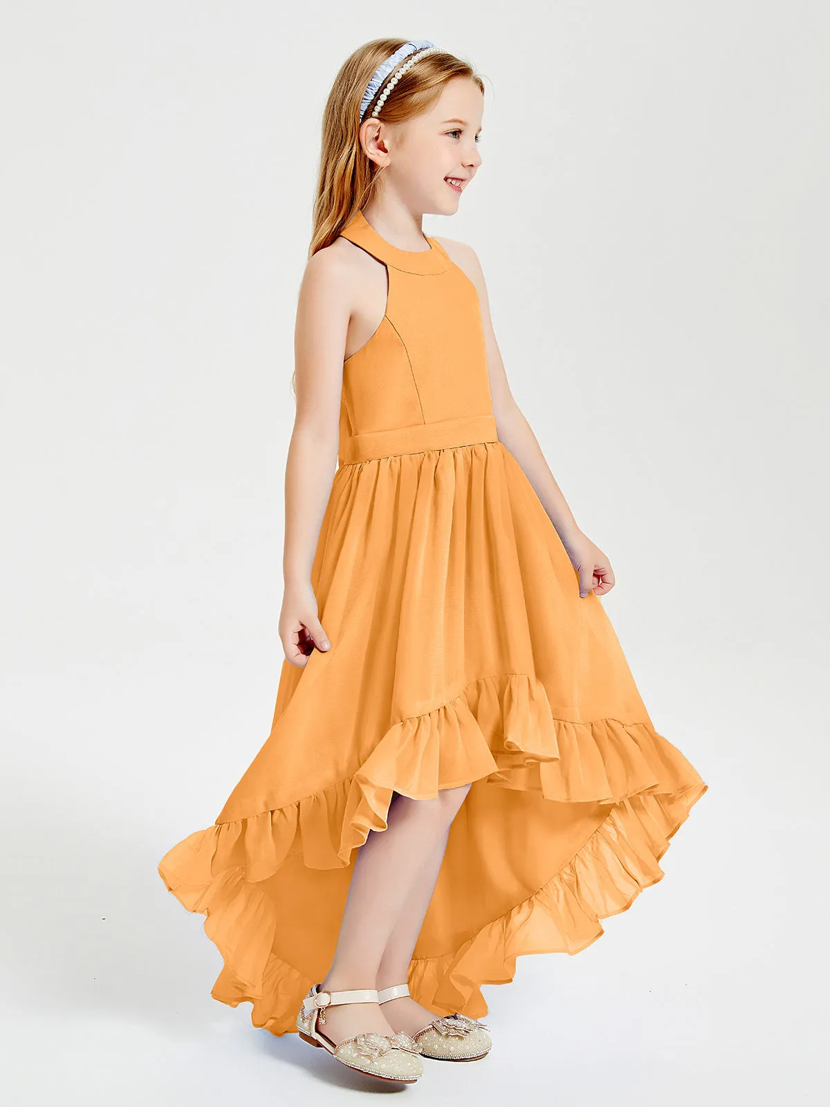 Boho Junior Bridesmaid Dresses Asymmetrical Cascading Skirt Tangerine