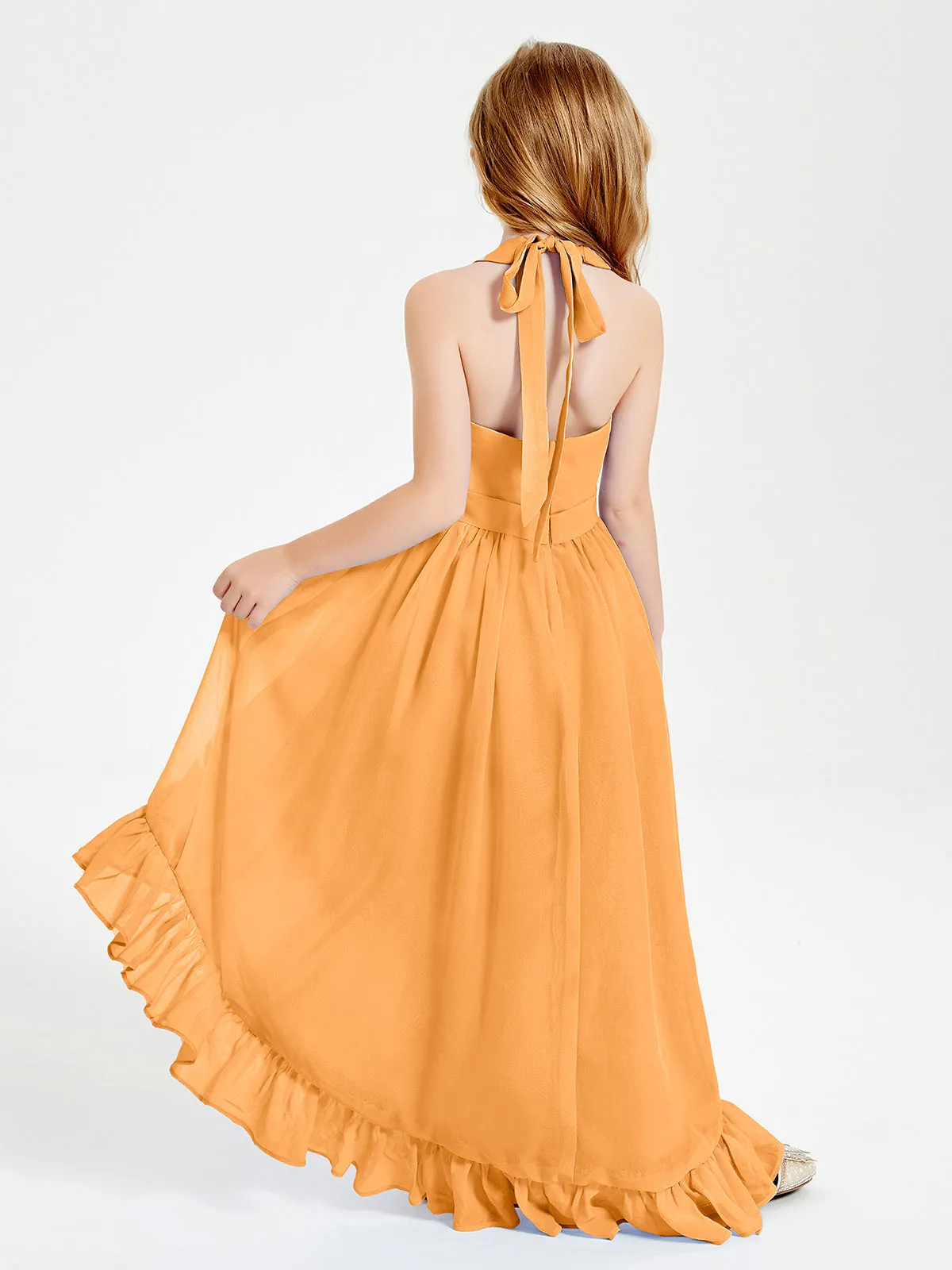 Boho Junior Bridesmaid Dresses Asymmetrical Cascading Skirt Tangerine